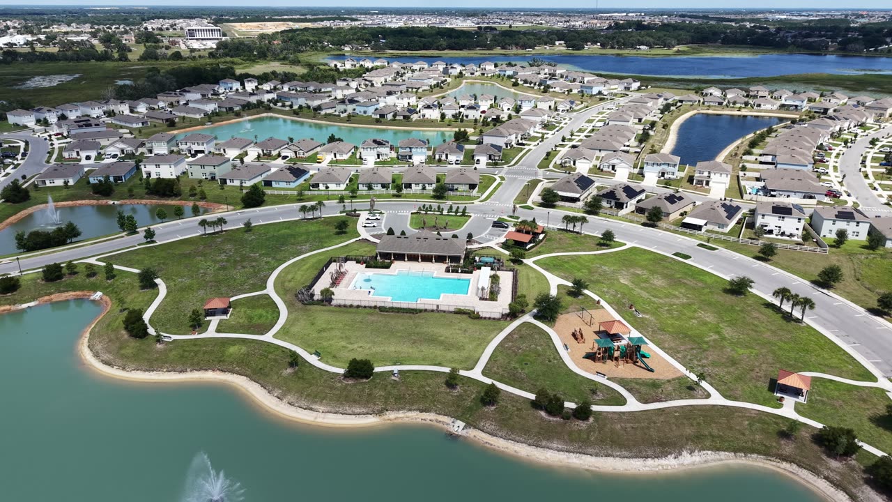 Aerial view of the Charles Cove resort pool, clubhouse and lake