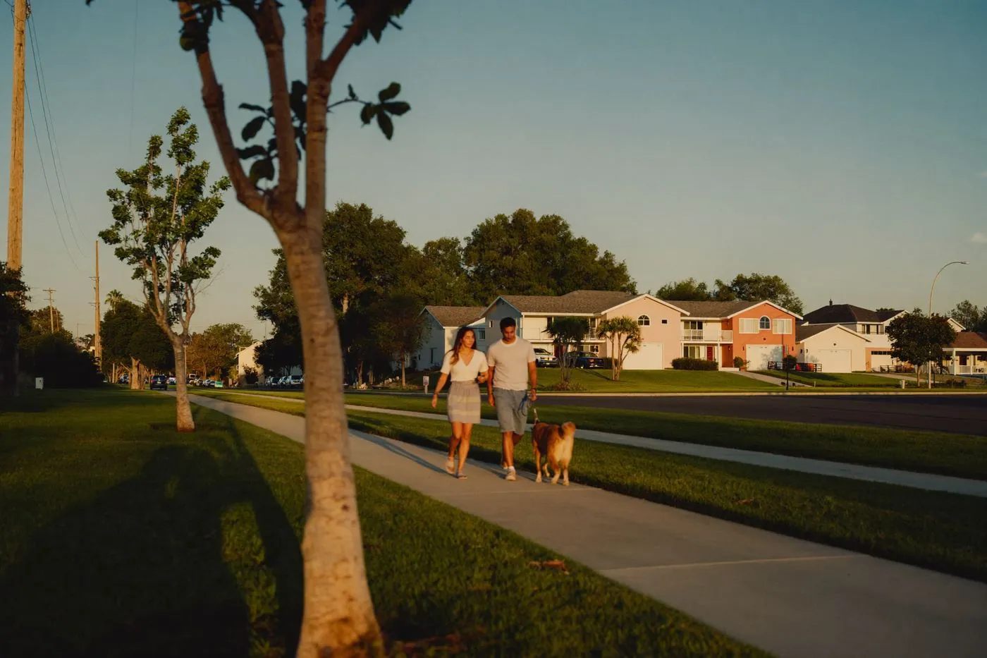 Illustrative: a couple walking a dog along a tree-lined community sidewalk at golden hour
